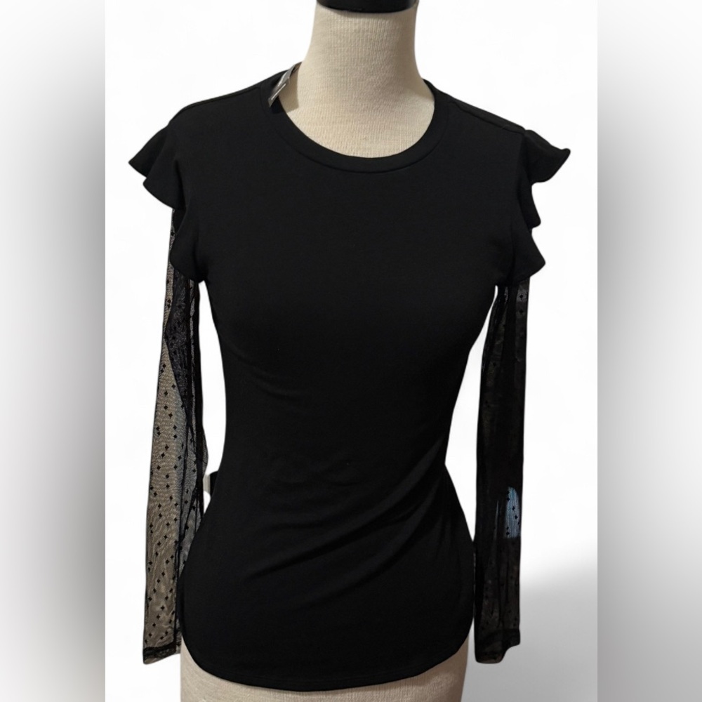 Express Black Lace Sleeve Top Women's Size S Ruffle Detail New with Tag